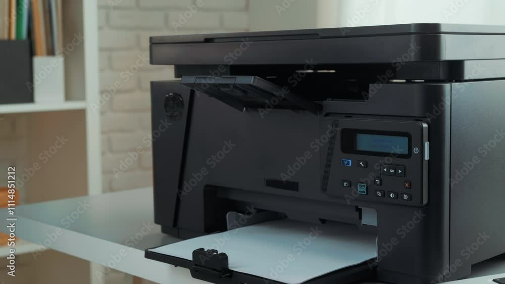 Poster setting up a multifunction printer at home for easy document management and efficient printing tasks