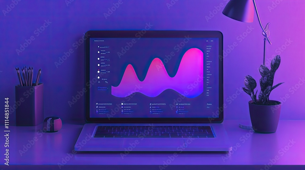 Poster modern workspace with laptop displaying colorful data visualization in a trendy ambient light settin