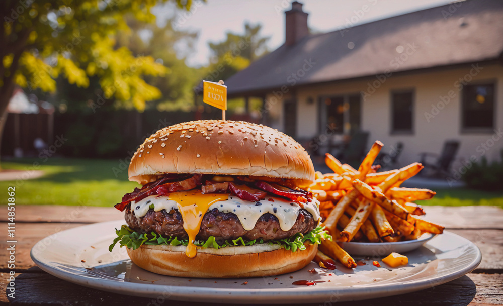 Poster large hamburger with cheese and bacon on a bun sits on a plate. a side of french fries is also on th