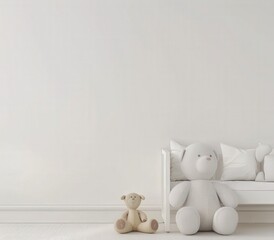 Two teddy bears sit on a white bench against a white wall in a minimalist interior