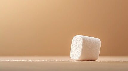   A white marshmallow sits atop a wooden table against a brown wall with a light-brown backdrop