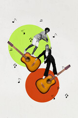 Vertical photo collage of happy girl guy dance acoustic guitar performance entertainment occasion...