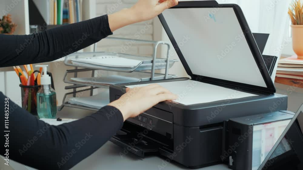 Poster organizing office tasks with a multi-functional printer in a bright home workspace during afternoon 