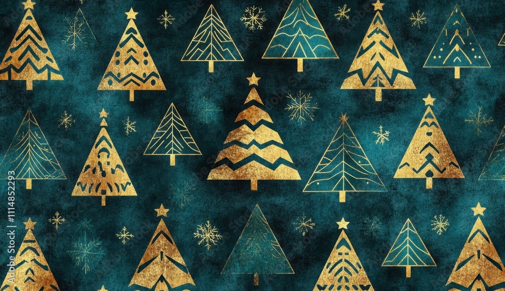 Poster pattern with a christmas tree in turquoise and gold colors, christmas trees in repeating geometric s