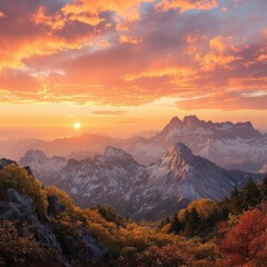 Obraz premium A panoramic shot of a mountain range with a stunning sunset and autumn colors, natural beauty, colorful sky