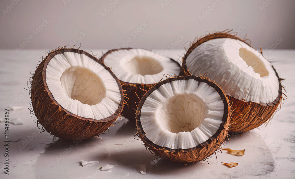 Poster Four whole coconuts with one cut open. The cut open coconut is in the middle. The other three coconuts are whole
