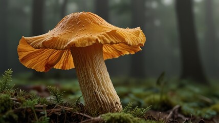 Vibrant orange mushroom in a misty forest.