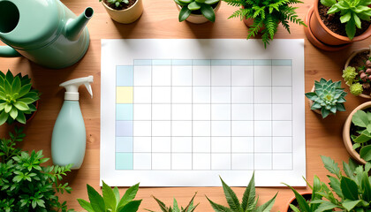 Gardening schedule with plants and tools on wooden table