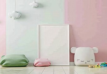 Blank Frame Mockup in a Pastel Pink and Green Nursery with Pillows. Toys. and Cloud Decorations