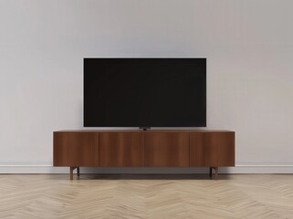 A modern flat-screen television mounted on a wooden entertainment center with a herringbone pattern hardwood floor