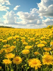 Obraz premium A picturesque field of dandelions swaying gently in the breeze under a radiant blue sky with fluffy white clouds, meadow, wildflowers, outdoor landscape, blue sky
