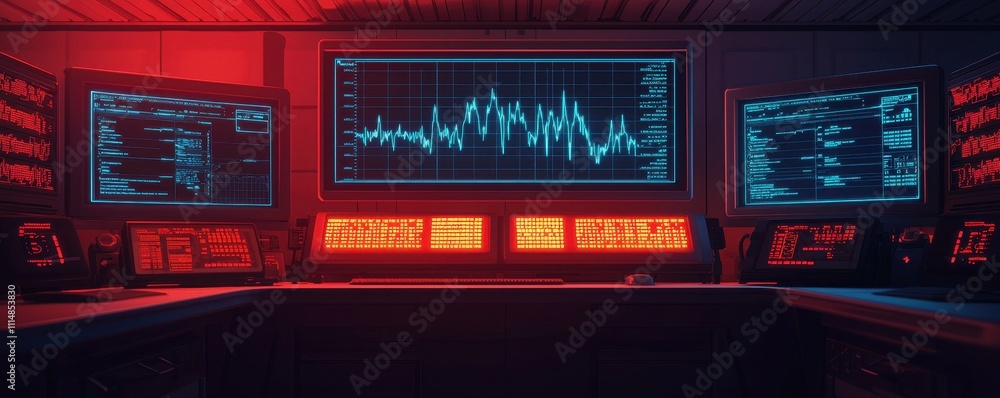 Poster a high-tech control room illuminated by red and blue lights, featuring multiple screens displaying d
