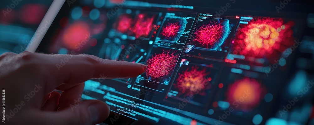 Poster a person interacts with a digital interface displaying vibrant, detailed images of cells or viruses,