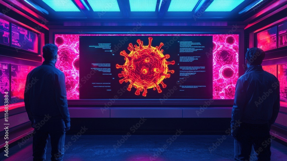 Poster two figures observe a vibrant digital display of a virus, surrounded by high-tech visuals and glowin