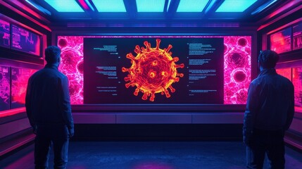 Two figures observe a vibrant digital display of a virus, surrounded by high-tech visuals and glowing elements in a futuristic environment.