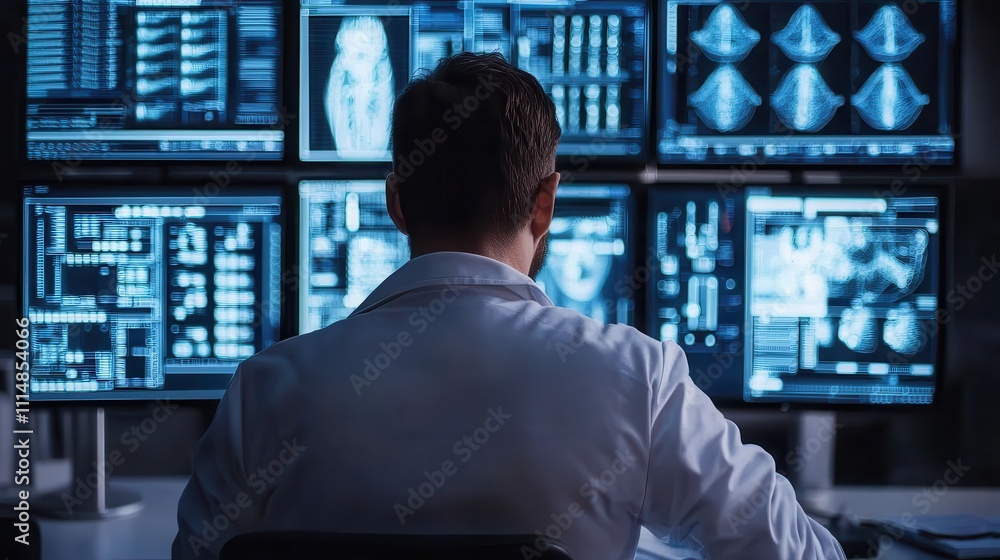 Poster a medical professional analyzes data on multiple screens in a dimly lit environment, focusing on ima