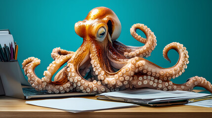 Fototapeta premium An octopus managing multiple tasks at a desk, symbolizing multitasking and work organization