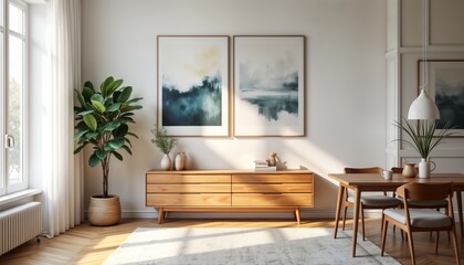 Stylish Scandinavian living room interior design. Modern apartment features wooden commode, design table, chairs, carpet, abstract paintings on wall, unique home decor, personal accessories. Sun
