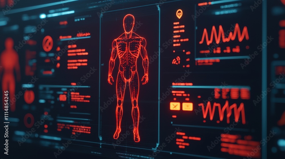 Poster a digital interface displays a red holographic human figure surrounded by various health metrics and