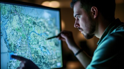 A GIS developer coding and working with digital maps on a computer, showcasing the integration of geographic information systems technology in data analysis and mapping. 