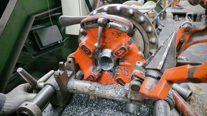 Steel pipe cutting machine for plumbing work in factory, metal technology manufacturing equipment