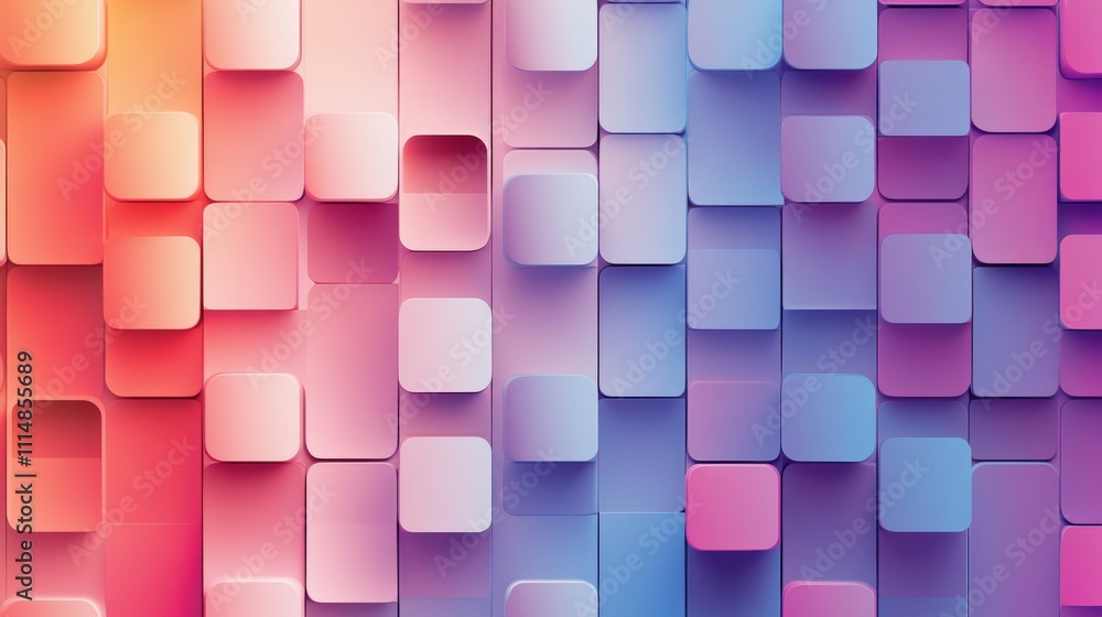 Poster Colorful abstract 3d geometric pattern with overlapping squares in gradient pastel hues
