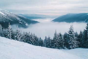 Panorama a foggy winter landscape in mountainous regions