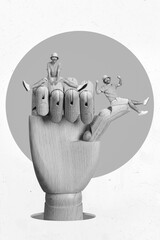 Creative photo 3d collage artwork poster picture of positive guys rising fists sitting big fake...