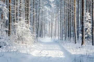 Fototapeta premium Scenic winter forest with snow-covered trees for seasonal backgrounds