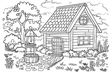 Obraz premium A charming black and white illustration of a wooden cottage with a well, surrounded by trees and flowers, perfect for coloring.