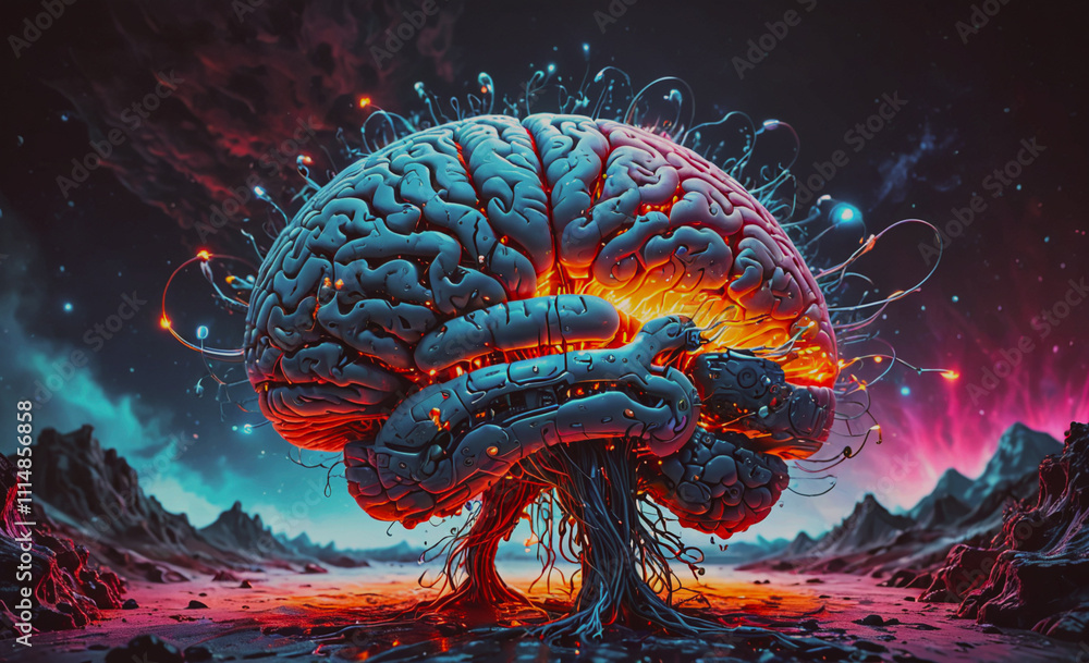 Poster Brain with a tree growing out of it. The tree is surrounded by a colorful background. The brain is surrounded by a purple and blue background