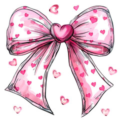 Pink bow with hearts on transparent background. Drawing cartoon style. High quality illustration