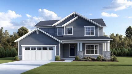 A FRONT view of suburban residential house with garage