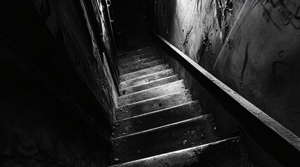 A narrow cellar staircase leading downwards, with faint, chilling cries coming from the darkness below.A narrow cellar staircase leading downwards, with faint, chilling cries coming from the darkness 