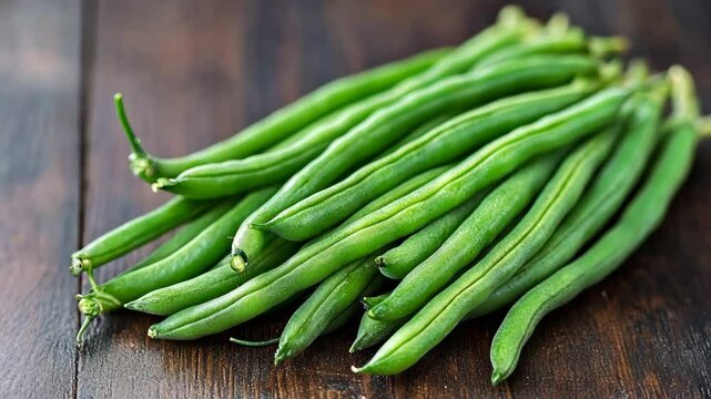 Fresh green beans displayed on a wooden table abundantly highlight their vibrant color and texture
