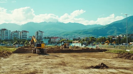 Fototapeta premium Construction Site with Machinery Surrounded by Mountains and Cityscape
