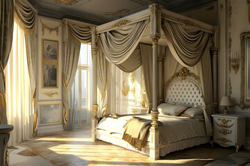 Sunlight dances across a luxurious bedroom adorned with exquisite fabrics and golden details