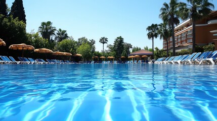 Tranquil Swimming Pool Surrounded by Lush Greenery and Sun Loungers
