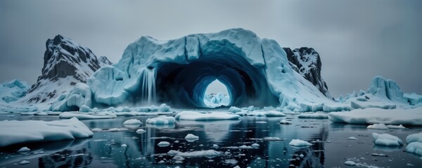 Fototapeta premium Iceberg landscape shows water flowing through ice. Ice melts dramatically creating beautiful, serious scene. Vast ice mountain reflects global warming. Ocean water surrounds icy structures. Nature,