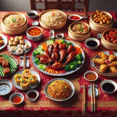 Traditioneller chinesischer Esstisch: Dim Sum, gebratener Reis und grüner Tee