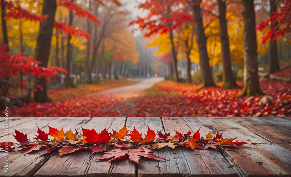 Aufkleber wooden table has a row of red leaves on it. the leaves are arranged in a neat line, creating a beaut