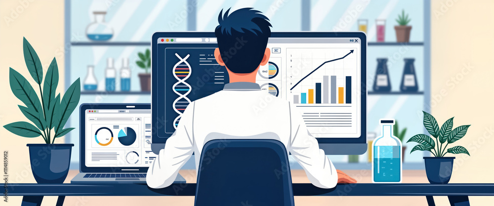 Aufkleber Scientist reviews data on multiple computer screens in lab. Focus on research, experiments using tech tools, charts. Modern lab setting with plant, glassware. Scientist analyze various data points.