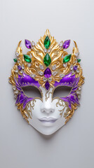 masquerade mask adorned with gemstones in purple, green, and gold, isolated on a white background, Mardi Gras, celebrations, decorations, artistic displays, carnivals 