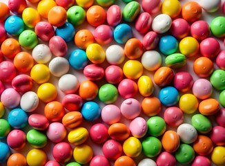 Obraz premium Colorful round candies in many vibrant colours are arranged on a white surface. Sweet and bright colored candy balls make a fun and delicious snack or dessert. Closeup view of delicious sweets.