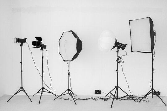 softbox flash lights and white studio background