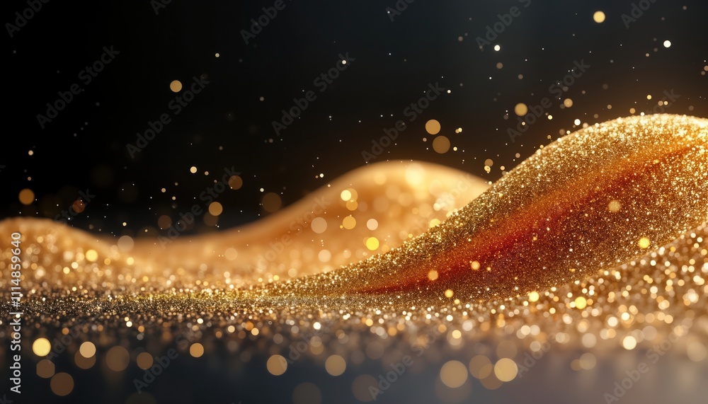 Poster golden glitter waves on dark background. shiny particles create galaxy-like effect. design ideal for