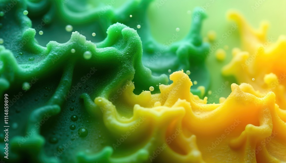 Poster close-up view of green, yellow paint flowing. abstract liquid texture with dynamic movement. vibrant