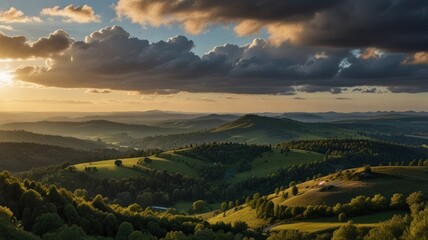 Scenic sunset over rolling hills and valleys.