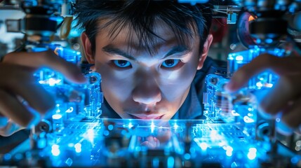 Asian teenagers collaborate on robotics homework project involving robot arms and cars at home