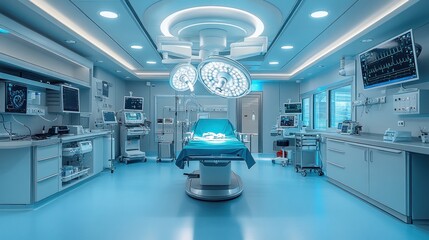Obraz premium Modern, sterile operating room with surgical equipment and a patient bed.